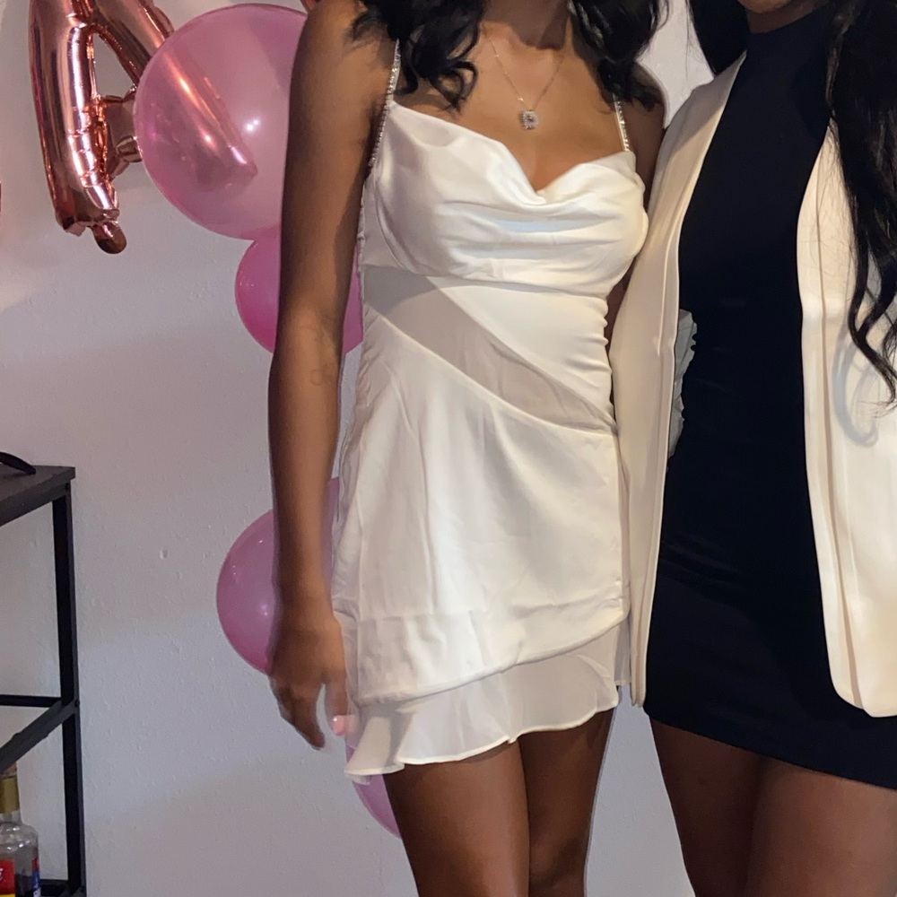 Oh Polly Cowl Neck Asymmetric Hem Mini Dress